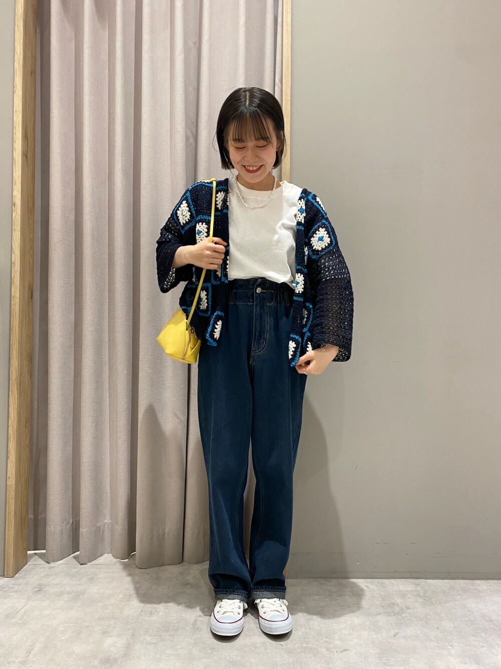 「大人カジュアル、カーディガン、カジュアルコーデ、初夏コーデ、ブルーコーデ、ネイビー、低身長女子、MelanCleuge、デニムパンツ、USAコットン」｜「Melan Cleugeのアイテム（デニムパンツ、ブルー系）」を使った、ハ  ルさん（レディース・152cm）の春コーディネートの1枚目の写真