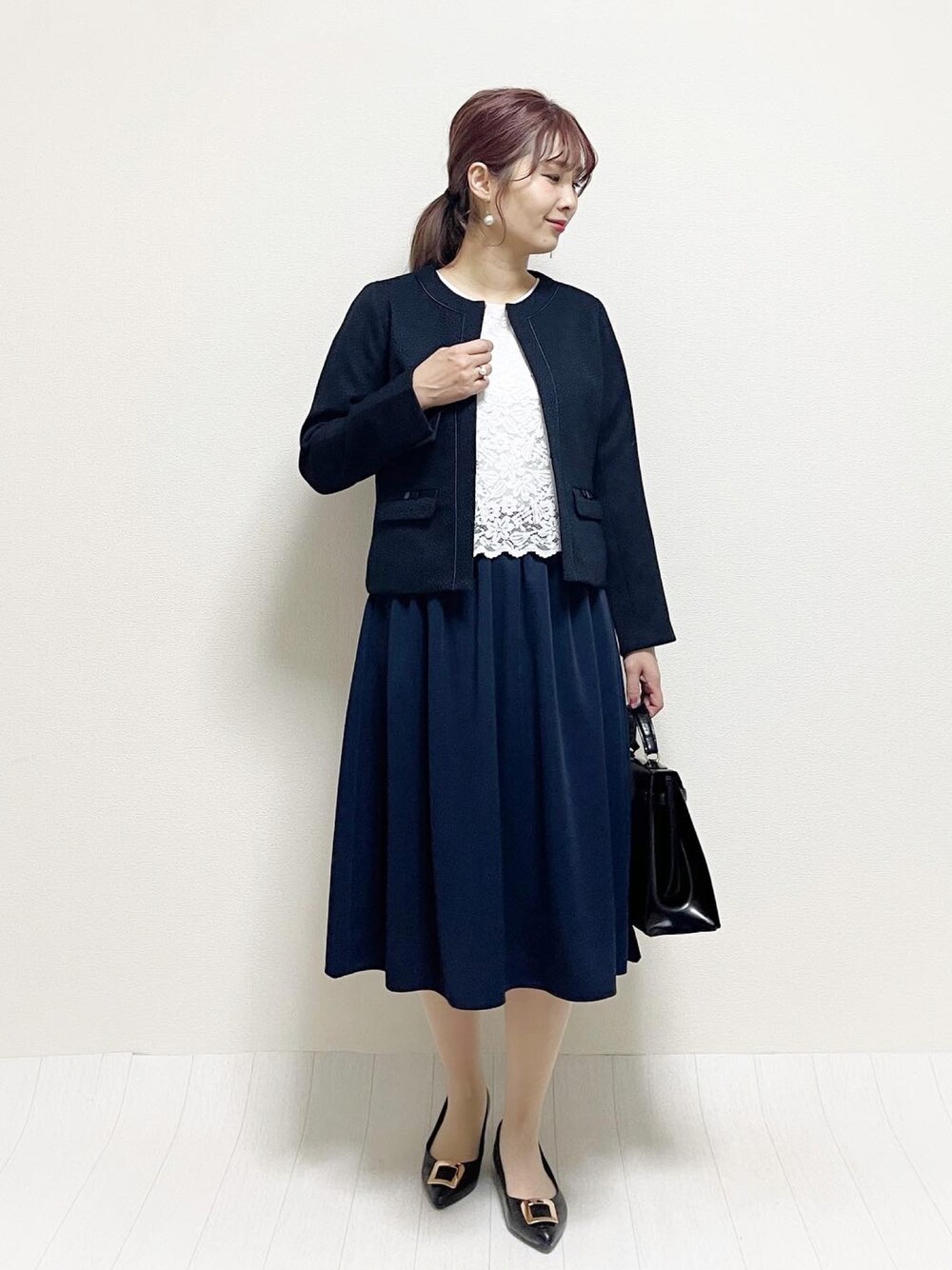 「春服、春コーデ、入学式、卒業式、入学式コーデ、卒業式コーデ、プチプラコーデ、プチプラ、アベイル、ハニーズ、Honeys、ノーカラージャケット、レースワンピース、ワンピース、フォーマル」｜「Honeysのレース使いワンピース（ワンピース、ホワイト系）」を使った、あんまるさん（レディース・166cm）の春コーディネートの1枚目の写真