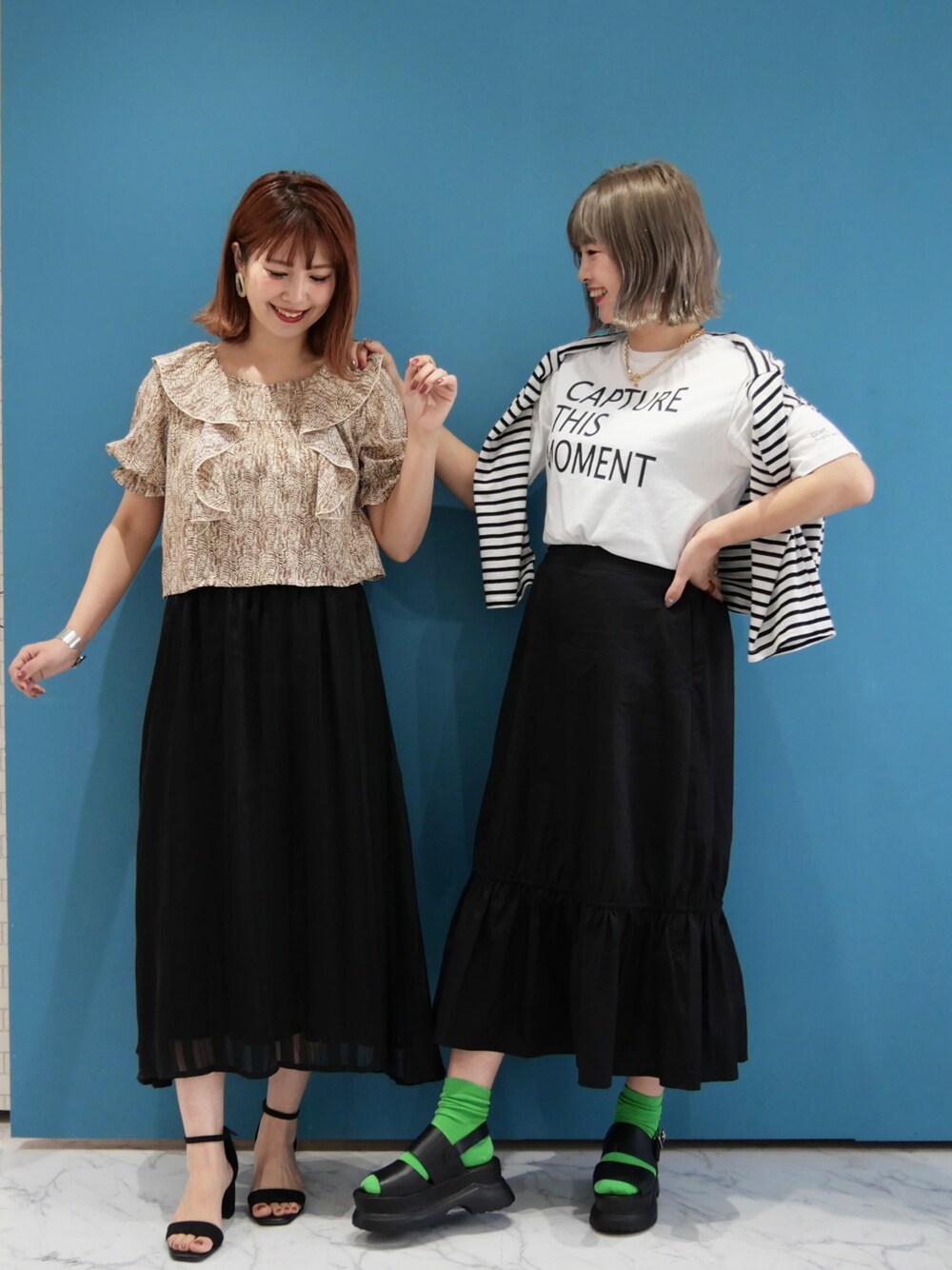 「はじめましてコーデ、しまむら、しまむらANSERI、ANSERI、スカート見えパンツ、ボリューム袖、サンダルに靴下、サンダル、夏コーデ、春夏コーデ、プチプラ、ママコーデ、双子、高身長女子、高身長コーデ」｜「しまむらのアイテム（スカート、ブラック系）」を使った、あんまるさん（レディース・166cm）の春コーディネートの1枚目の写真