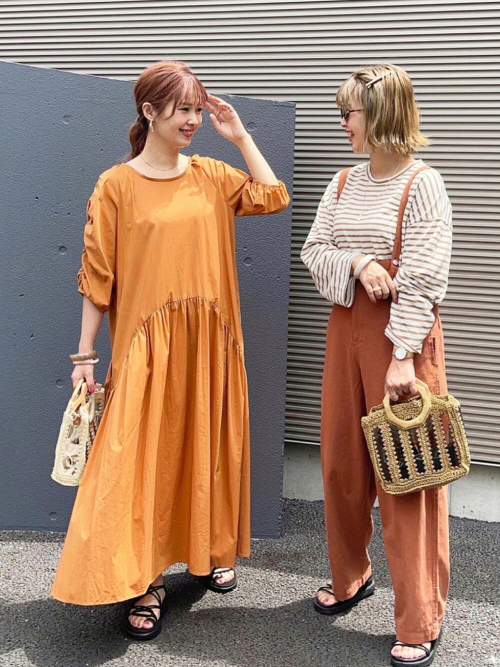 「Kastane、GU、サキシマamp、accommode、スポーツサンダル、プチプラ、ロングワンピース、夏コーデ、ワンマイルウェア、リンクコーデ」｜「Kastaneの袖シャーリングタイプライターワンピース（ワンピース、オレンジ系）」を使った、あんまるさん（レディース・166cm）の夏コーディネートの1枚目の写真