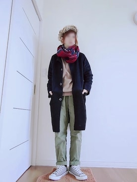「スヌード」｜「アイテム（ノーカラーコート）」を使った、manami💞さん（レディース・165cm）の冬コーディネート