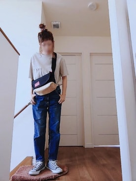 「UNIQLO（ユニクロ）のリブハイネックT（5分袖）（Tシャツ/カットソー）」を使った、manami💞さん（レディース・165cm）の夏コーディネート