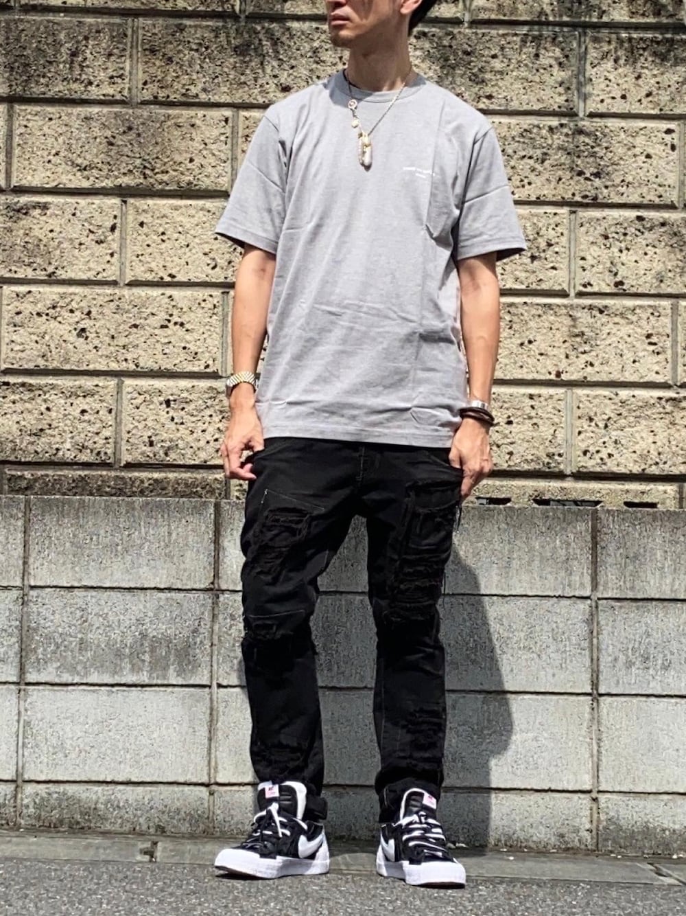 「ゴローズ、ギャルソン、goro's、COMME des GARCONS、levisred、sacai、blazer」｜「Levi’s REDのアイテム（デニムパンツ、ブラック系）」を使った、tkymst_lさん（メンズ・175cm）の夏コーディネートの1枚目の写真