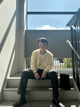 「nuguのアイテム（カーディガン/ボレロ、ホワイト系）」を使った、Ryuto🕶さん（メンズ・178cm）の秋コーディネート