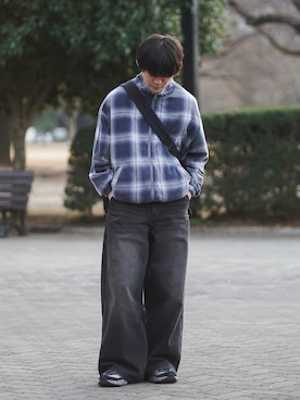 「ROCHEM（ローシェン）のサイドコードリバーシブルスタンドネックブルゾン（ブルゾン、ブルー系）」を使った、れおさん（メンズ・160cm）の春コーディネート