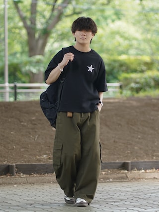 「ROCHEM（ローシェン）のルーズシルエットスターロゴ刺繍Tシャツ（Tシャツ/カットソー）」を使った、れおさん（メンズ・160cm）の夏コーディネート