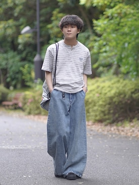 「ROCHEM（ローシェン）のハートロゴ刺繍半袖ヘンリーネックボーダーTシャツ（Tシャツ/カットソー、グレー系）」を使った、れおさん（メンズ・160cm）の夏コーディネート