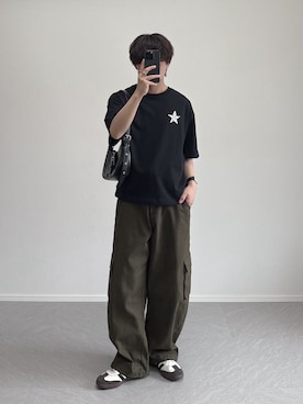 「Miniministore（ミニミニストア）のホーボーバッグ 韓国 ハーフムーンバッグ（ハンドバッグ、ブラック系）」を使った、れおさん（メンズ・160cm）の夏コーディネート