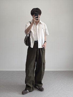 「CPCM（シーピーシーエム）のターンロックダブルベルトレザーバッグ（トートバッグ、ブラウン系）」を使った、れおさん（メンズ・160cm）の夏コーディネート