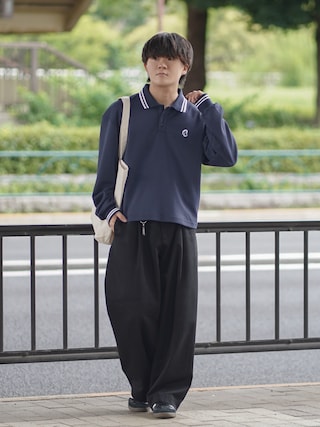 「ROCHEM（ローシェン）のワンポイントロゴ刺繍ドローコード付鹿の子ポンチポロシャツ（ポロシャツ）」を使った、れおさん（メンズ・160cm）の秋コーディネート