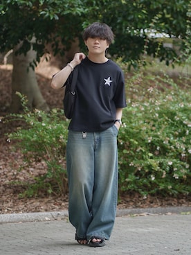 「CIAOPANIC TYPY（チャオパニックティピー）の【UNISEX】ポーチ付き中綿ハンドBAG（ショルダーバッグ、ブラック系）」を使った、れおさん（メンズ・160cm）の夏コーディネート
