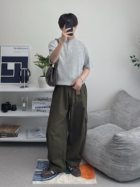 「CPCM（シーピーシーエム）のターンロックダブルベルトレザーバッグ（トートバッグ、ブラウン系）」を使った、れおさん（メンズ・160cm）の夏コーディネート