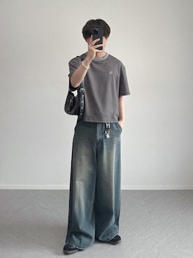 「Miniministore（ミニミニストア）のホーボーバッグ 韓国 ハーフムーンバッグ（ハンドバッグ、ブラック系）」を使った、れおさん（メンズ・160cm）の夏コーディネート