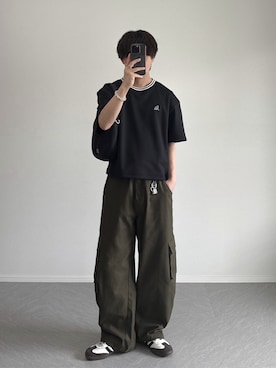 「ROCHEM（ローシェン）の鹿の子ポンチクルーネックTシャツ【接触冷感】（Tシャツ/カットソー、ブラック系）」を使った、れおさん（メンズ・160cm）の夏コーディネート