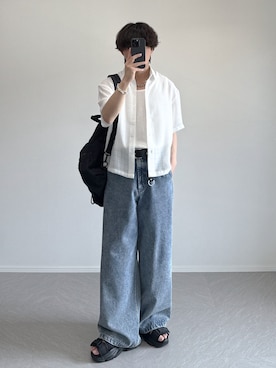 「ROCHEM（ローシェン）の短丈シアーミニチェック半袖シャツ（シャツ/ブラウス、ホワイト系）」を使った、れおさん（メンズ・160cm）の夏コーディネート