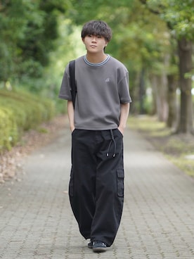 「ROCHEM（ローシェン）の鹿の子ポンチクルーネックTシャツ【接触冷感】（Tシャツ/カットソー、グレー系）」を使った、れおさん（メンズ・160cm）の夏コーディネート
