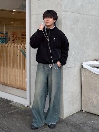 「ROCHEM(ローシェン)の12ozヴィンテージ加工/ケミカルウォッシュワイドデニムパンツ(デニムパンツ)」を使った、れおさん(メンズ・160cm)の秋コーディネート