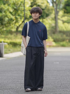「U.S. POLO ASSN.（ユーエスポロアッスン）の【U.S. POLO ASSN./ユーエスポロアッスン】接触冷感 ワンポイントロゴ刺繍 半袖ニットポロシャツ（ポロシャツ、ブルー系）」を使った、れおさん（メンズ・160cm）の春コーディネート