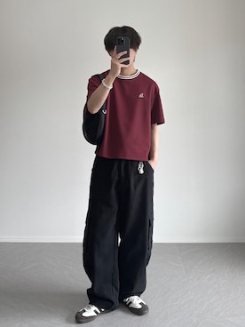 「ROCHEM（ローシェン）の鹿の子ポンチクルーネックTシャツ【接触冷感】（Tシャツ/カットソー、レッド系）」を使った、れおさん（メンズ・160cm）の夏コーディネート