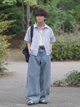 「ROCHEM（ローシェン）のワンポイントロゴ刺繍短丈ストライプシャツ（シャツ/ブラウス、ブルー系）」を使った、れおさん（メンズ・160cm）の夏コーディネート