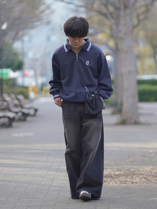 ワンポイントロゴ刺繍ドローコード付鹿の子ポンチハーフジップ