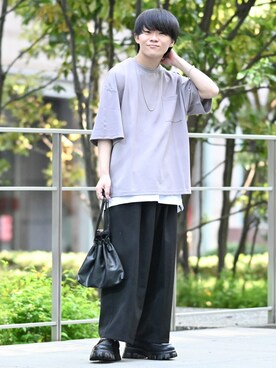 「ETELIO（エテリオ）の【2点セット】梨地ポケット付きクルービッグTシャツ＆ロングタンクトップアンサンブルセット（Tシャツ/カットソー）」を使った、れおさん（メンズ・161cm）の春コーディネート