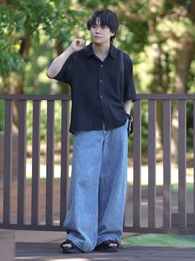 「soerte（ソエルテ）のLoose Half sleeve box shirt (Assort)/ルーズハーフスリーブボックスシャツ（アソート）（シャツ/ブラウス）」を使った、れおさん（メンズ・160cm・20代）の夏コーディネート