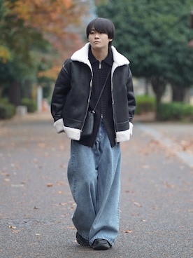 「アイテム（ムートンコート）」を使った、れおさん（メンズ・160cm）の冬コーディネート