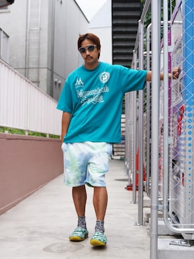 「MANASTASH（マナスタッシュ）のアイテム（Tシャツ/カットソー）」を使った、manastash_TERAさん（メンズ・176cm）の夏コーディネート