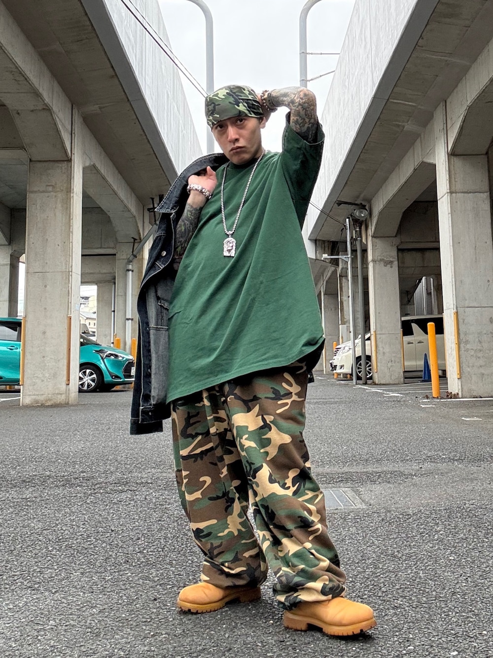90s SeanJohn 濃淡 セットアップ デニムジャケット バギーパンツ SEANJOHNのデニムジャケットを使った人気ファッション