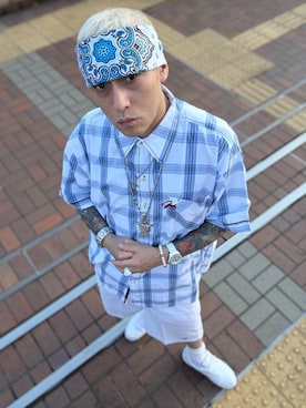 「Dickies（ディッキーズ）の【Dickies】42283 13インチポケットワークショーツ ハーフパンツ 14562900（その他パンツ）」を使った、龍一 (The Loveless)®︎さん（メンズ・168cm）の夏コーディネート