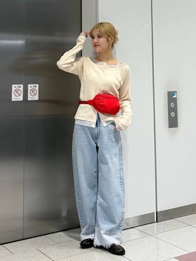 「LOWRYS FARM（ローリーズファーム）のスタイルＵＰクロスカップキャミ　100757（Tシャツ/カットソー、ホワイト系）」を使った、aoさん（レディース・158cm）の春コーディネート