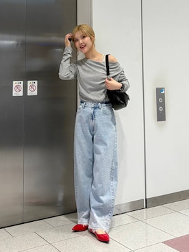 「LOWRYS FARM（ローリーズファーム）のスタイルＵＰクロスカップキャミ　100757（Tシャツ/カットソー、ホワイト系）」を使った、aoさん（レディース・158cm）の春コーディネート