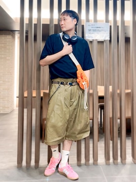 「Aphlotus（アプロタス）のバギーフレア ハーフパンツ（ フェイクレザー・ゴブラン ）（その他パンツ）」を使った、まっちゃんさん（メンズ・183cm・40代）の夏コーディネート