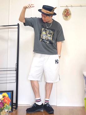 「CIAOPANIC TYPY（チャオパニックティピー）の【ユニセックス】ヴィンテージフェードプリントツアーTee（Tシャツ/カットソー）」を使った、まっちゃんさん（メンズ・183cm）の夏コーディネート