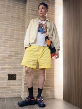 「Disney（ディズニー）の25SS Disney ヴィンテージライクプリント ミッキー / ドナルド / グーフィー リンガー半袖Tシャツ メンズ レディース（Tシャツ/カットソー、ホワイト系）」を使った、まっちゃんさん（メンズ・183cm）の夏コーディネート
