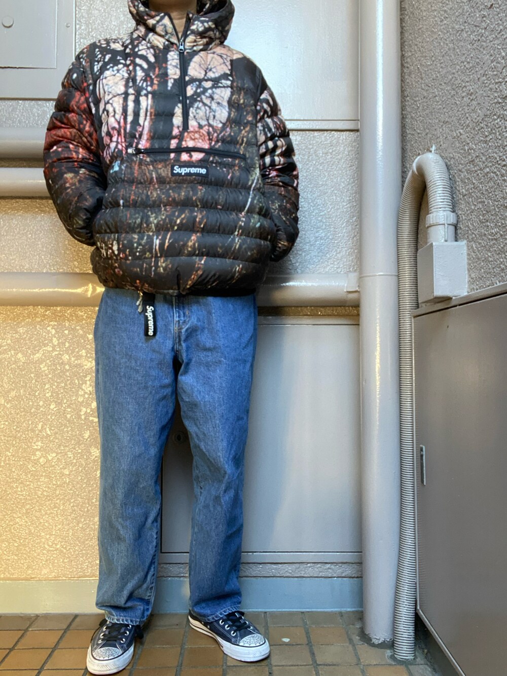 du11 Supreme ダウンジャケット 黒 ロゴ総柄 メンズL相当