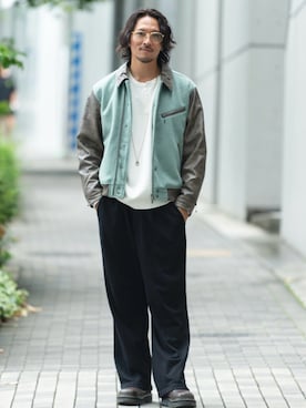 「glamb（グラム）のRiders Stadium Jumper / ライダーススタジアムジャンパー（スタジャン、グリーン系）」を使った、【glamb】TKさん（メンズ・181cm）の秋コーディネート