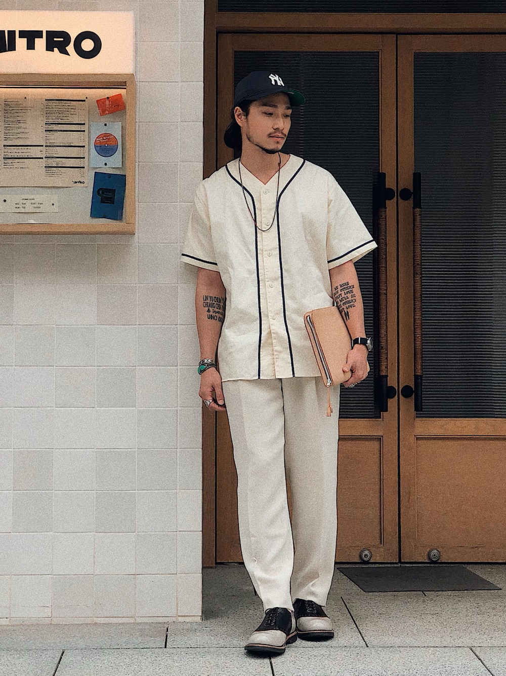 「VINTAGE、BEAMS、Whitesville、Hender Scheme、Chainloop、圈入、圈入準、春コーデ」｜「BEAMSのアイテム（キャップ、ブルー系）」を使った、林育準🇹🇼さん（メンズ・180cm）の春コーディネートの1枚目の写真