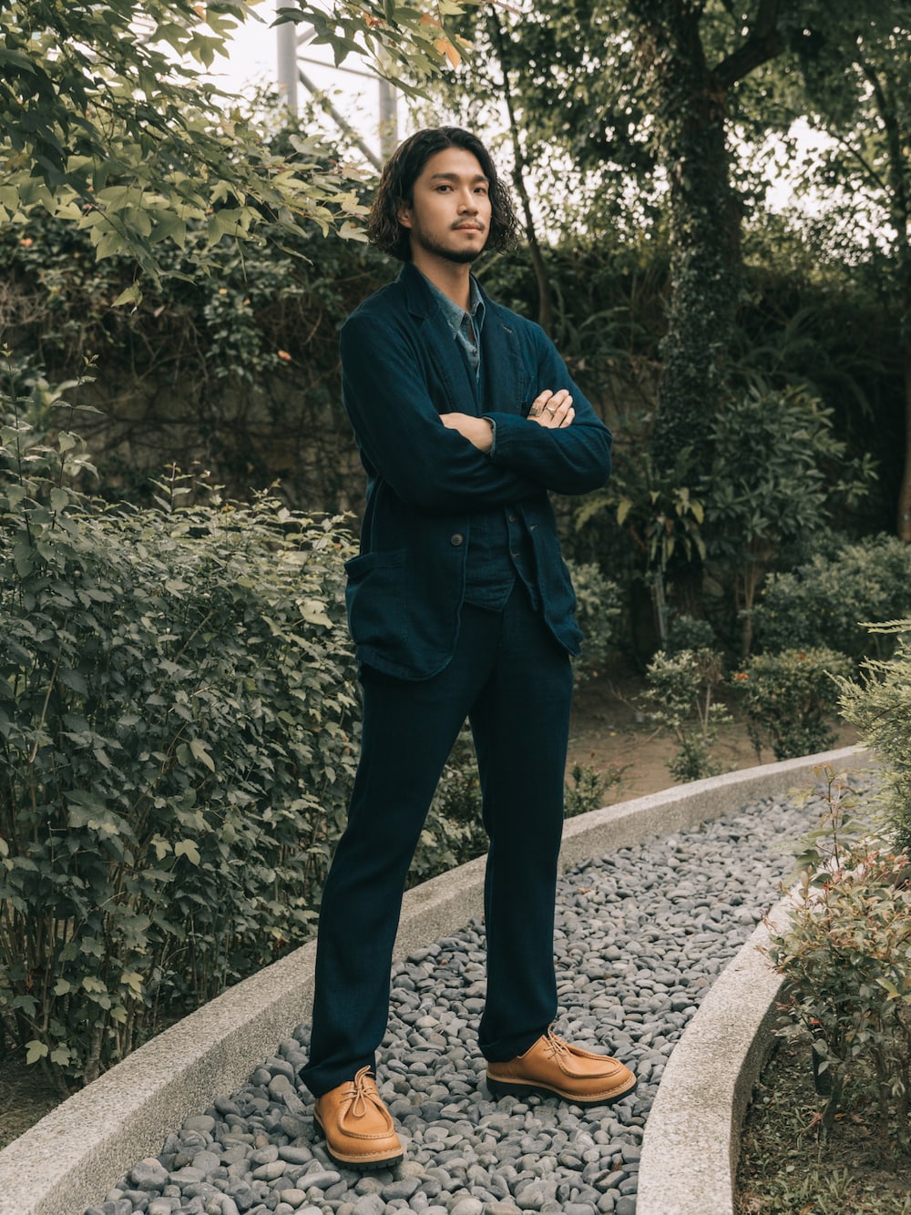 「summer、VINTAGE、Polo Ralph Lauren、rrl、Chainloop、圈入、圈入準、Taiwan、台湾、夏コーデ」｜「RRLのアイテム（スーツセット、ブルー系）」を使った、林育準🇹🇼さん（メンズ・180cm）の春コーディネートの1枚目の写真
