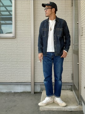 「BLUE BLUE（ブルーブルー）のアイテム（パンツ）」を使った、sawaさん（メンズ・172cm）の秋コーディネート