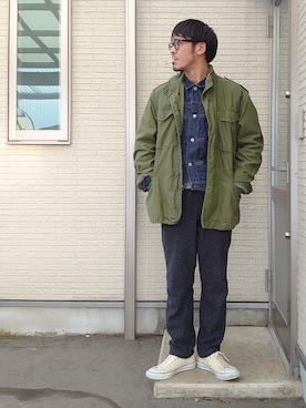 「ほめられ本命コーデ」｜「アイテム（ミリタリージャケット）」を使った、sawaさん（メンズ・172cm）の冬コーディネート