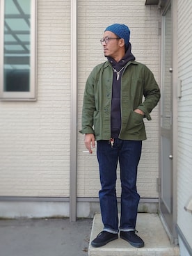 「アイテム（ニットキャップ/ビーニー、ブルー系）」を使った、sawaさん（メンズ・172cm）の秋コーディネート
