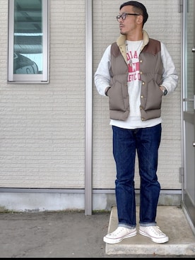 「アイテム（ダウンベスト）」を使った、sawaさん（メンズ・172cm）の冬コーディネート