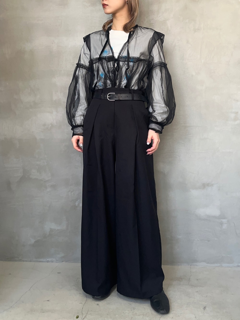 「春服デビュー宣言、春コーデ、休日コーデ、オトナカジュアル、春服コーデ、シースルートップス、モノトーン、ブラック、スラックス、パンツスタイル、レイヤードスタイル、プチプラ」｜「Midorikawaのアイテム（Tシャツ/カットソー、ホワイト系）」を使った、ハルカさん（骨格ウェーブ・レディース・162cm）の春コーディネートの1枚目の写真