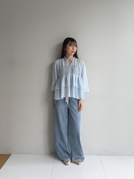 「cloenc（クロエンス）の【通気性◎】ドットジャガードブラウス（シャツ/ブラウス、ブルー系）」を使った、Norimiさん（レディース・160cm）の夏コーディネート