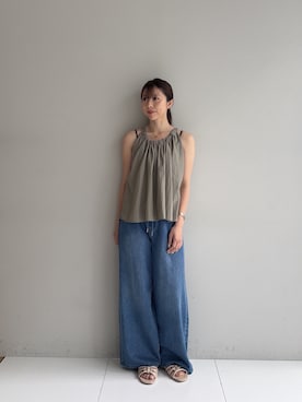 「cloenc（クロエンス）の【セットアップ／マシンウォッシュ】ギャザーリボンブラウス（シャツ/ブラウス、グリーン系）」を使った、Norimiさん（レディース・160cm）の夏コーディネート