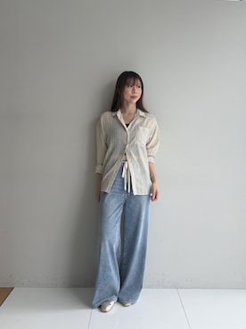 「cloenc（クロエンス）のAIRYDRY コットンカシュクールシャツ【通気性◎／2WAY】（シャツ/ブラウス、ベージュ系）」を使った、Norimiさん（レディース・160cm）の夏コーディネート