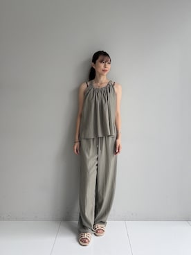 「cloenc（クロエンス）の【セットアップ／マシンウォッシュ】ギャザーリボンブラウス（シャツ/ブラウス、グリーン系）」を使った、Norimiさん（レディース・160cm）の夏コーディネート
