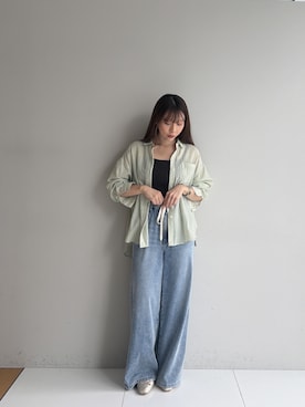 「cloenc（クロエンス）のAIRYDRY コットンカシュクールシャツ【通気性◎／2WAY】（シャツ/ブラウス、グリーン系）」を使った、Norimiさん（レディース・160cm）の夏コーディネート